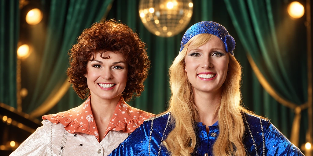 Zwei Sängerinnen in blauen und korallfarbenen Bühnenkostümen zur ABBA Tribute Dinner Show