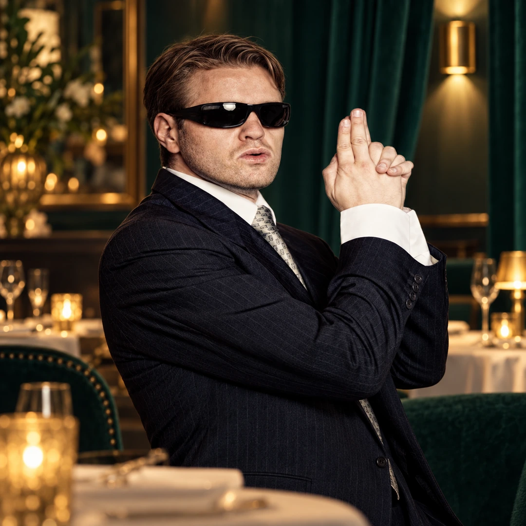 Darsteller mit Sonnenbrille und Anzug in einer spielerischen Detektivpose für Dinner Kriminale