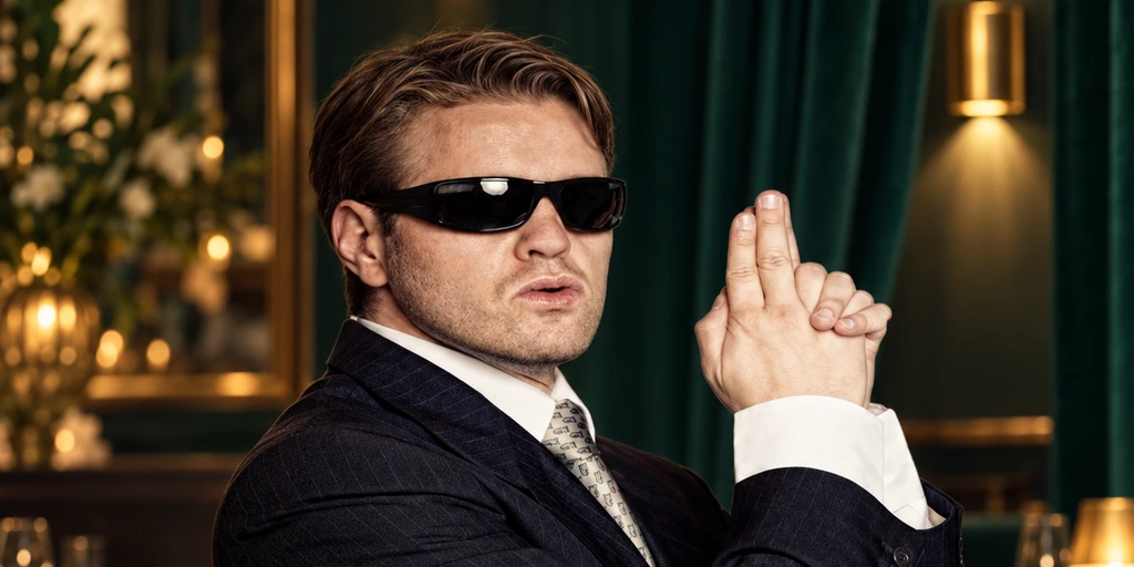 Darsteller mit Sonnenbrille und Anzug in einer spielerischen Detektivpose für Dinner Kriminale