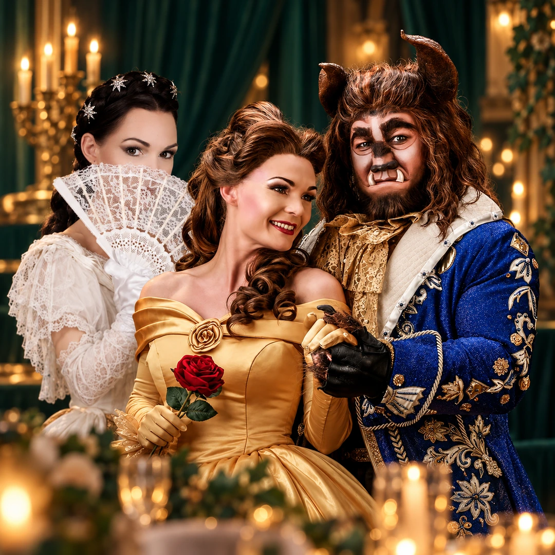 Drei Musicaldarsteller in Bühnenkostümen mit Fächer, Rose und Biest-Maske