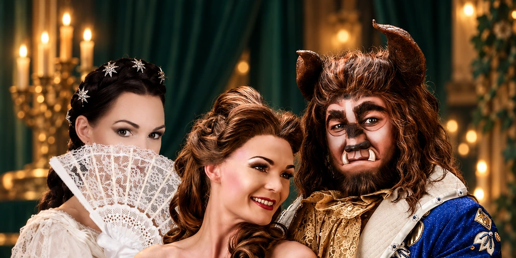 Drei Musicaldarsteller in Bühnenkostümen mit Fächer, Rose und Biest-Maske