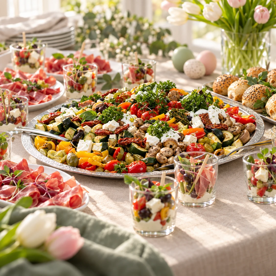 Frühlingsbuffet mit Gemüse, Salaten und kleinen Vorspeisen im Glas zum Oster-Brunch