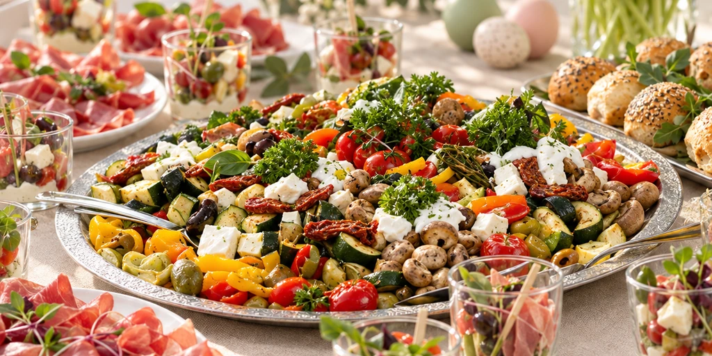 Frühlingsbuffet mit Gemüse, Salaten und kleinen Vorspeisen im Glas zum Oster-Brunch