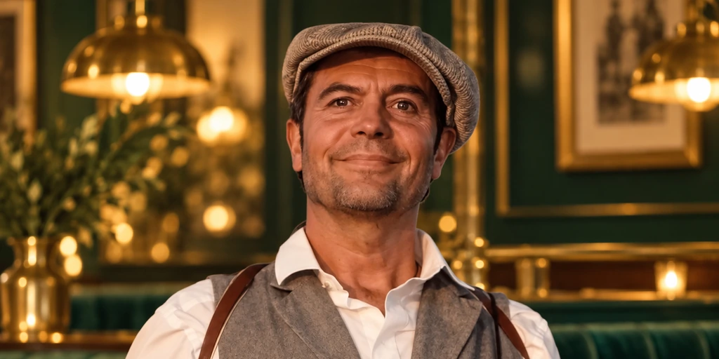 Stephan Rodefeld mit Schiebermütze, grauer Weste und Hosenträgern für Schnitzel und Schnauze